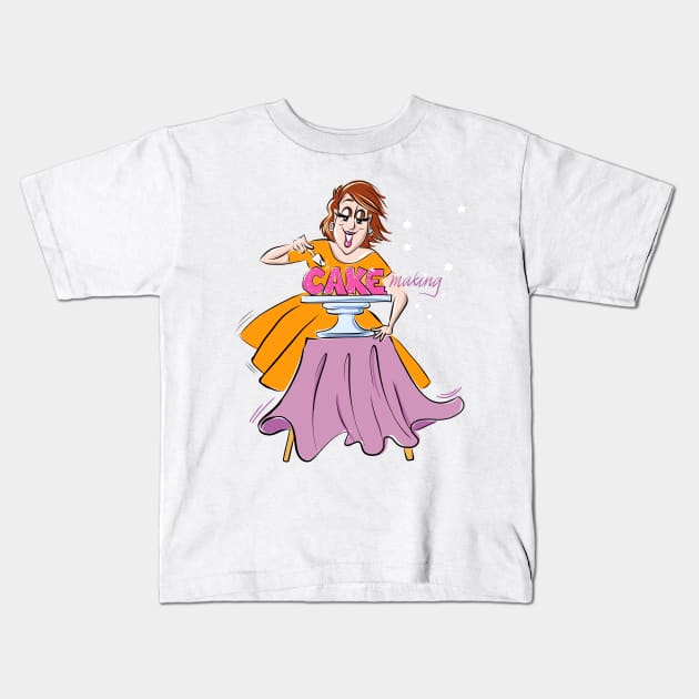 Cake Making in an orange dress Kids T-Shirt by Dani Vittz